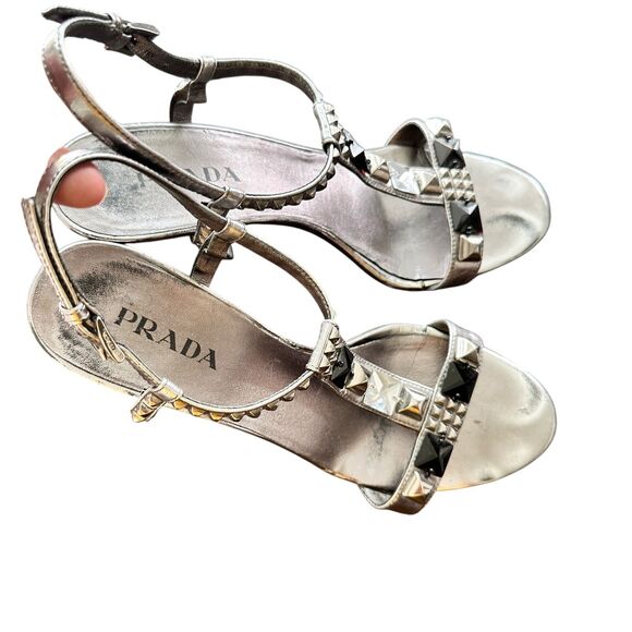 Prada 38 Patent Leather T-Strap Silver Studded crystals Accents Block Sandals - Picture 2 of 15